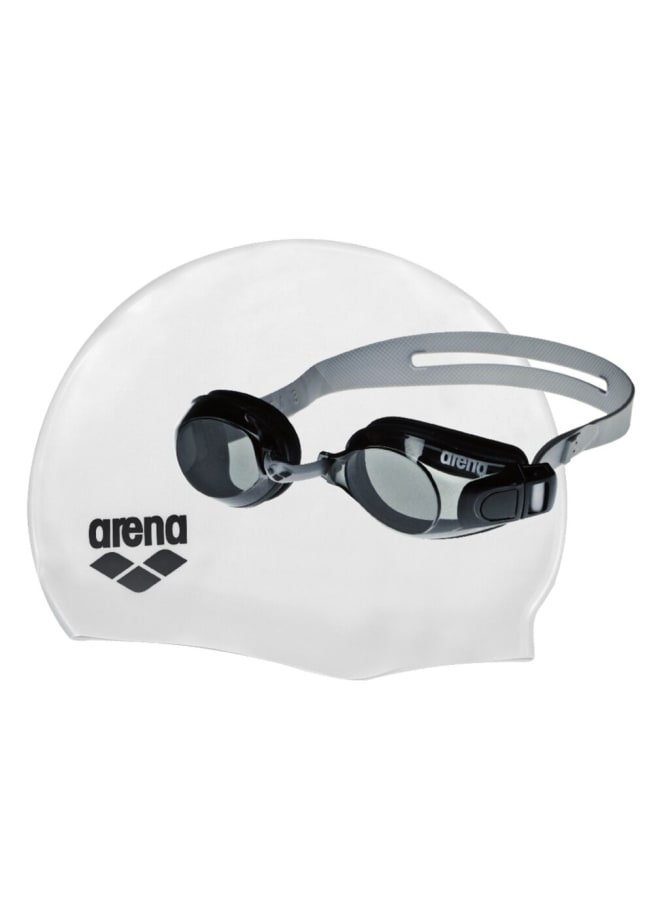 Pool Equipment Set  Pool Set Silver-Smoke-White-Black Goggle+Cap (Kit), Equipment Set, Training, Pool, Water Equipment, Uni Adult - Premium Silicone Hydrodynamic Swim Cap